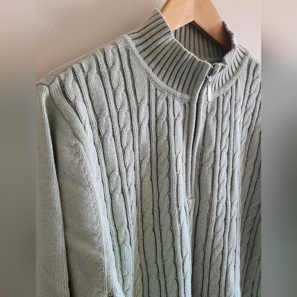 Vtg Karen Scott Cable Knit Quarter Zip Pullover Sweater, Women's XL, Sage Green